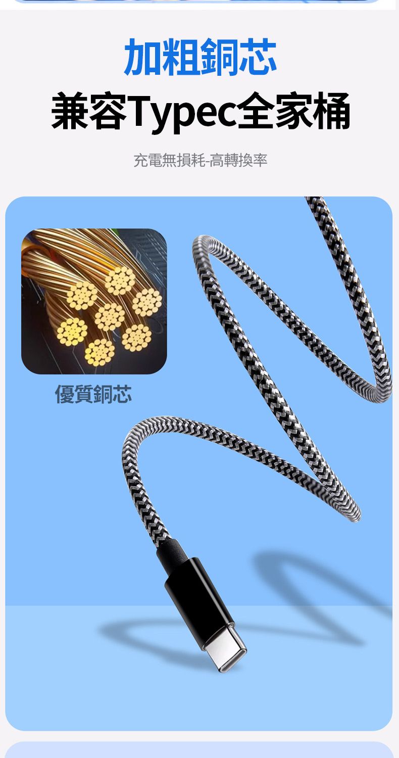 加粗銅芯兼容Typec全家桶充電無損耗-高轉換率優質銅芯