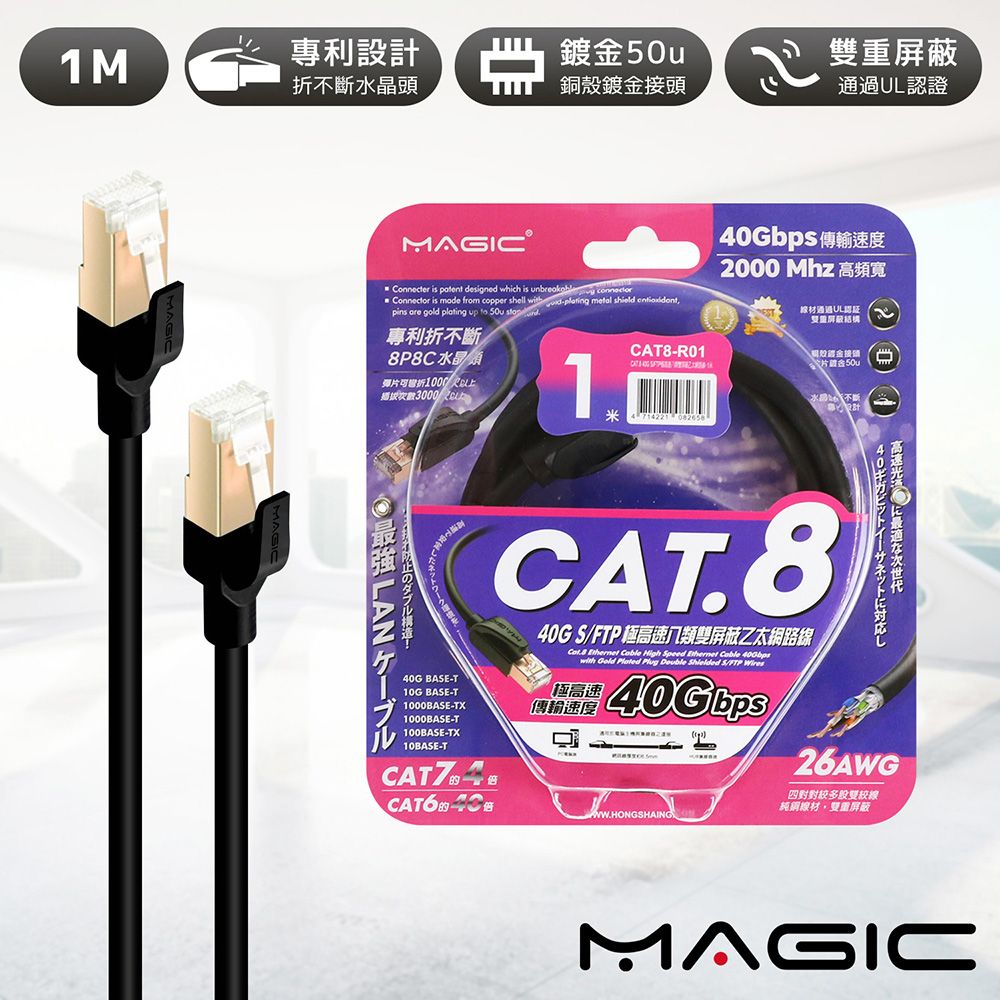 aibo MAGIC Cat.8 40G S/FTP 26AWG極高速八類雙屏蔽乙太網路線-1米