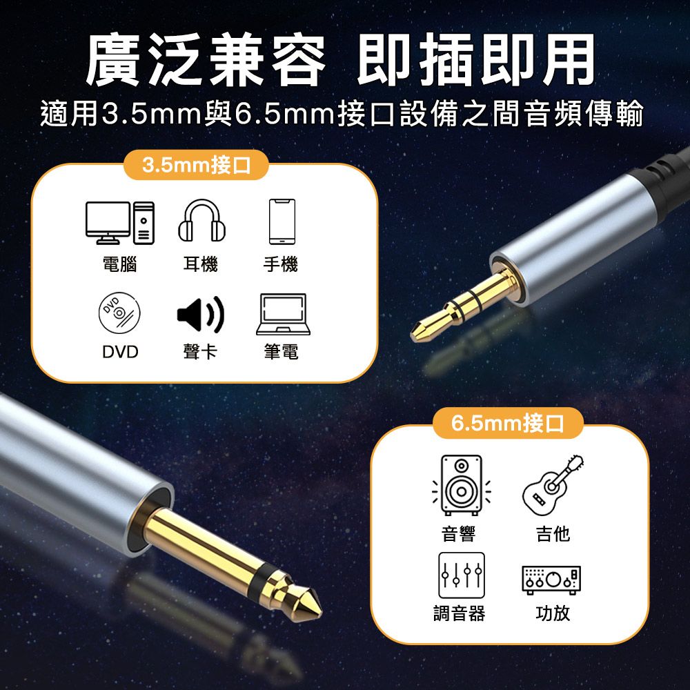 MoZuo 魔宙 3.5mm轉6.5mm 電吉他/調音台/麥克風/外放音箱 黑 3M