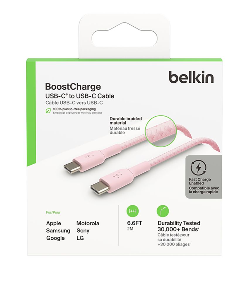 BoostChargeUSB-C to USB-C Cable USB-C vers USB-C100% plastic-free packaging  de  plastiqueDurable braidedmaterialMatériau tressédurableFor/PourAppleMotorolaSamsungSonyGoogleLG6.6FT2MbelkinFast ChargeEnabledCompatible avecla charge rapideDurability Tested30,000+ BendsCâble testé pour durabilité+30 000 pliages