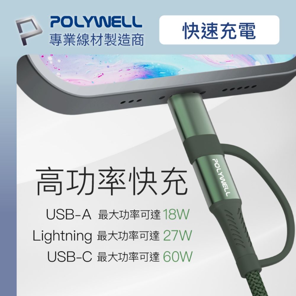 POLYWELL 寶利威爾 四合一PD編織快充線 USB-A+C+Lightning /2M