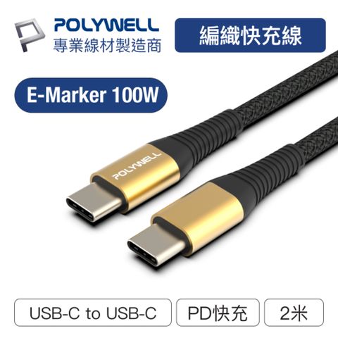 POLYWELL USB Type-C 100W 公對公 PD快充線 /金色 /2M