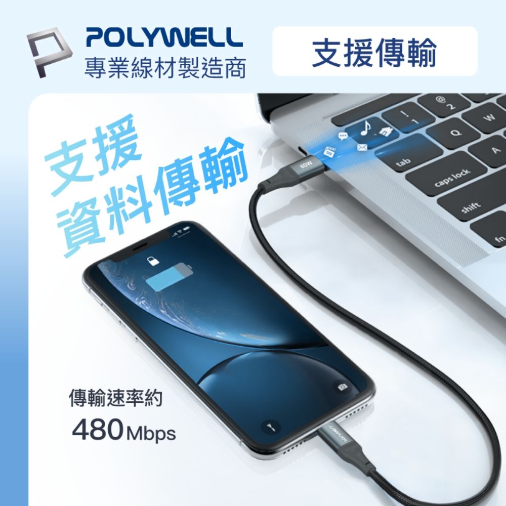 POLYWELL 寶利威爾 Type-C To C 60W PD編織快充線 /2M