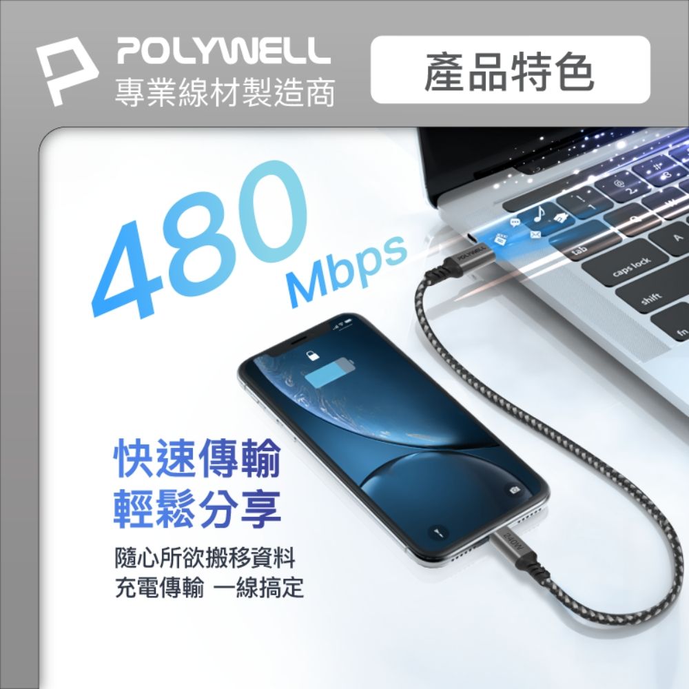 POLYWELL 寶利威爾 Type-C To C 240W 5A快充編織線 /長尾版 /2米