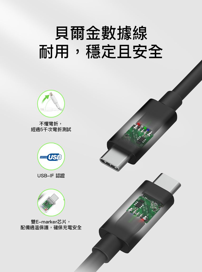 貝爾金數據線耐用,穩定且安全不懼彎折,經過5千次彎折測試USBUSBIF 認證雙E-marker芯片,配備過溫保護,確保充電安全