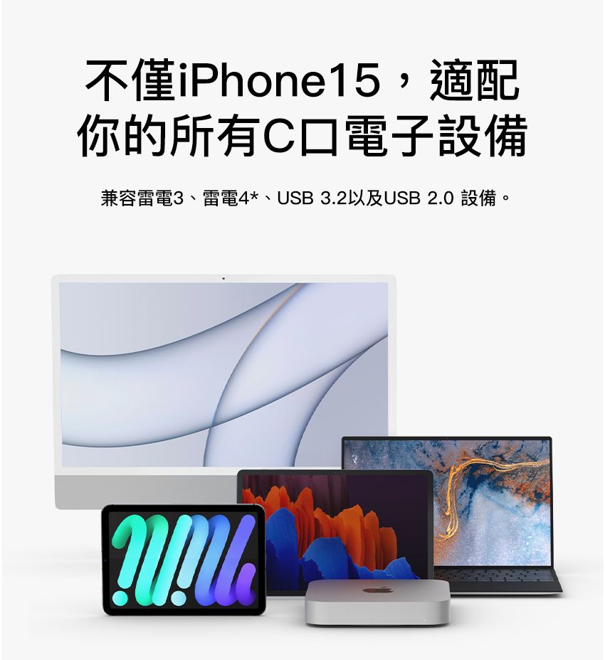 不僅iPhone15,適配你的所有C口電子設備兼容雷電3、雷電4*、SB3.2以及USB 2.0 設備。U