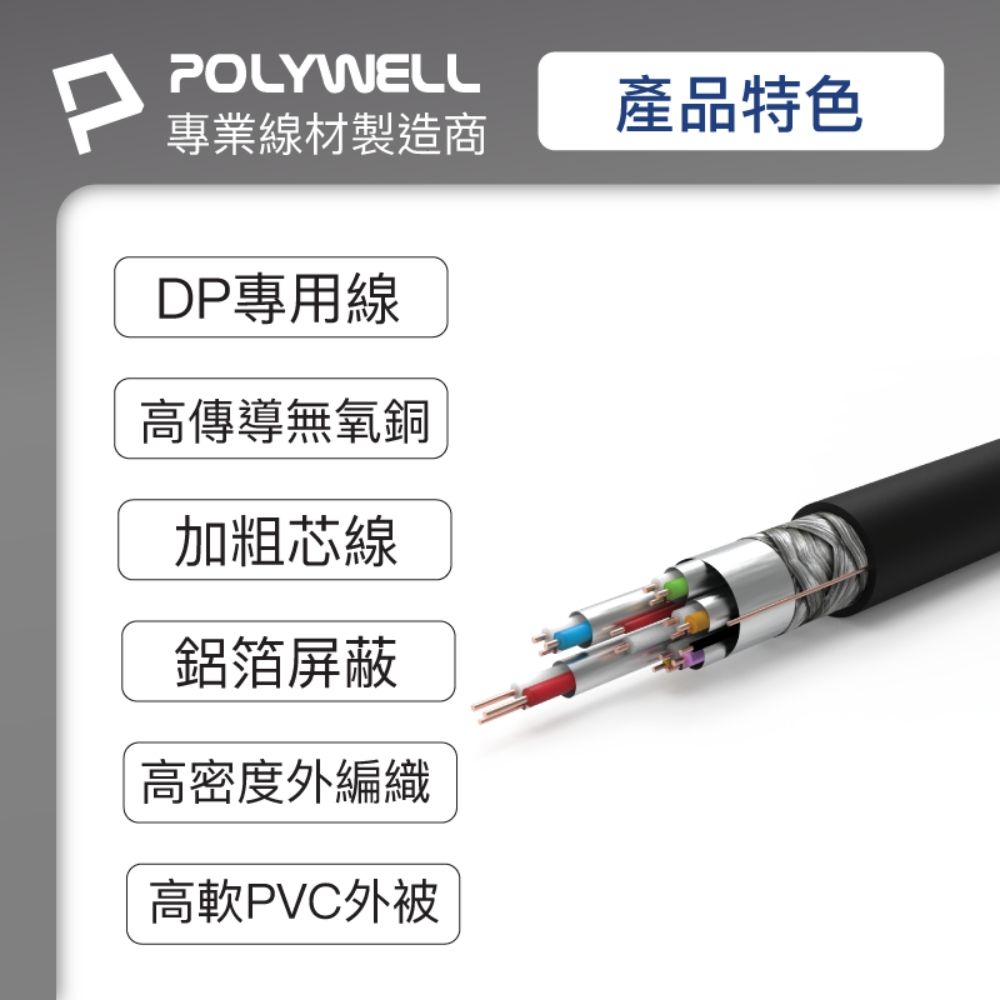 POLYWELL 寶利威爾 DP 1.2 傳輸線 DisplayPort 公對公 /2M