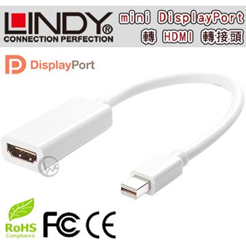 支援1920x1200高解析LINDY 林帝 mini DisplayPort公 轉 HDMI母 轉換器