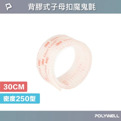 POLYWELL 寶利威爾 背膠式子母扣魔鬼氈 密度250型 /透明色 /30公分