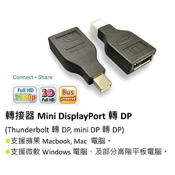 【PCT 】 mini DisplayPort 轉 DP 轉接頭，支援蘋果Macbook, Mac,DELL,HP筆電與DP顯示卡