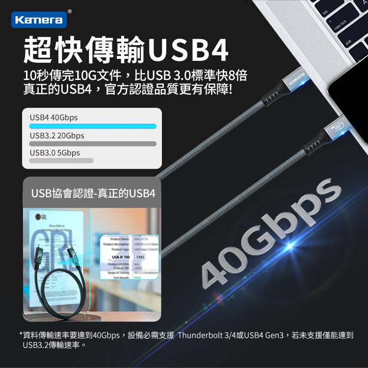 Kamera 佳美能  USB4 Gen3x2 40Gbps EPR 240W PD3.1 雙向USB-C快充 充電傳輸線 (1M)