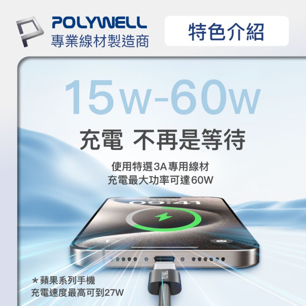 POLYWELL 寶利威爾 Type-C To Type-C PD編織快充線 60W / 2米