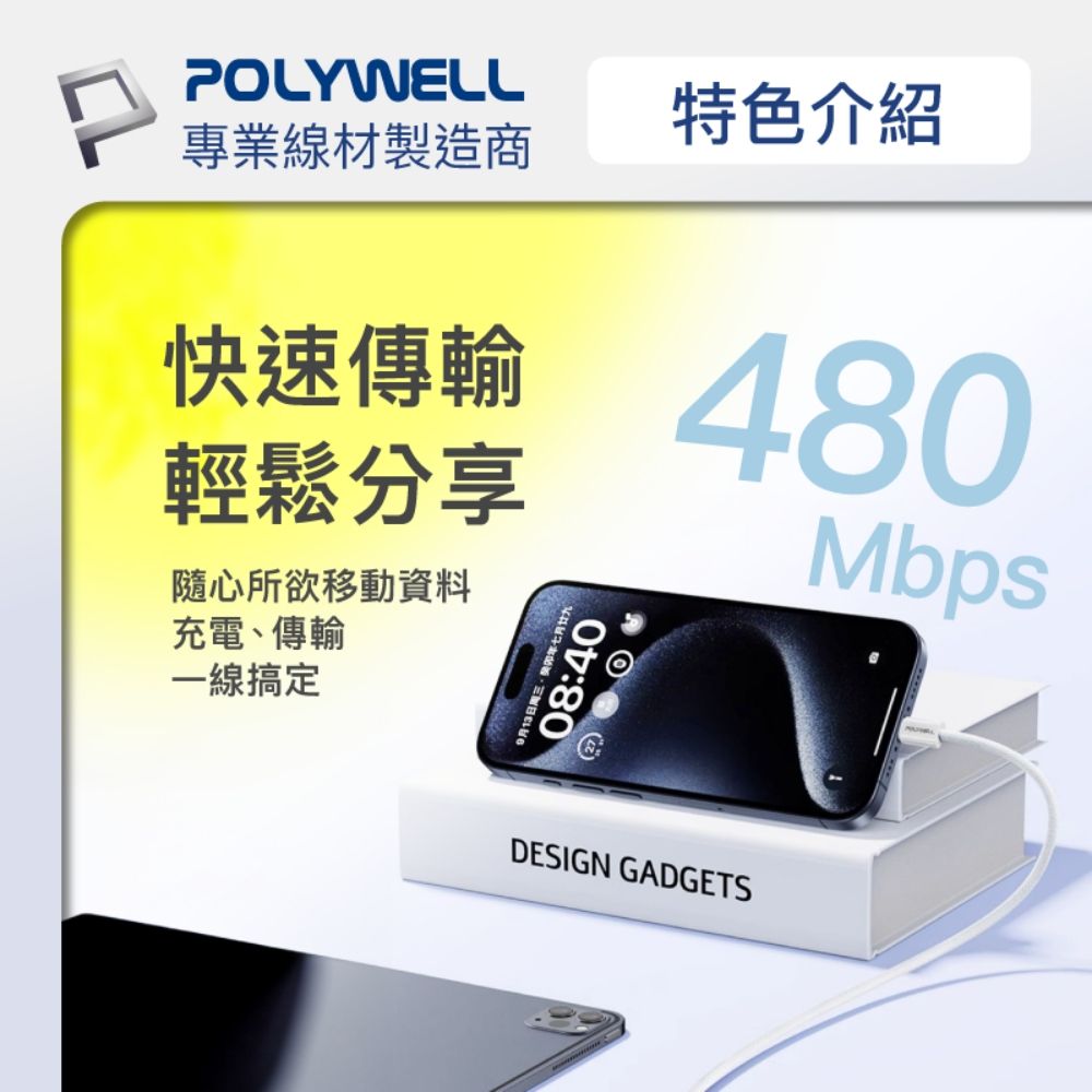 POLYWELL 寶利威爾 Type-C To Type-C PD編織快充線 60W / 2米