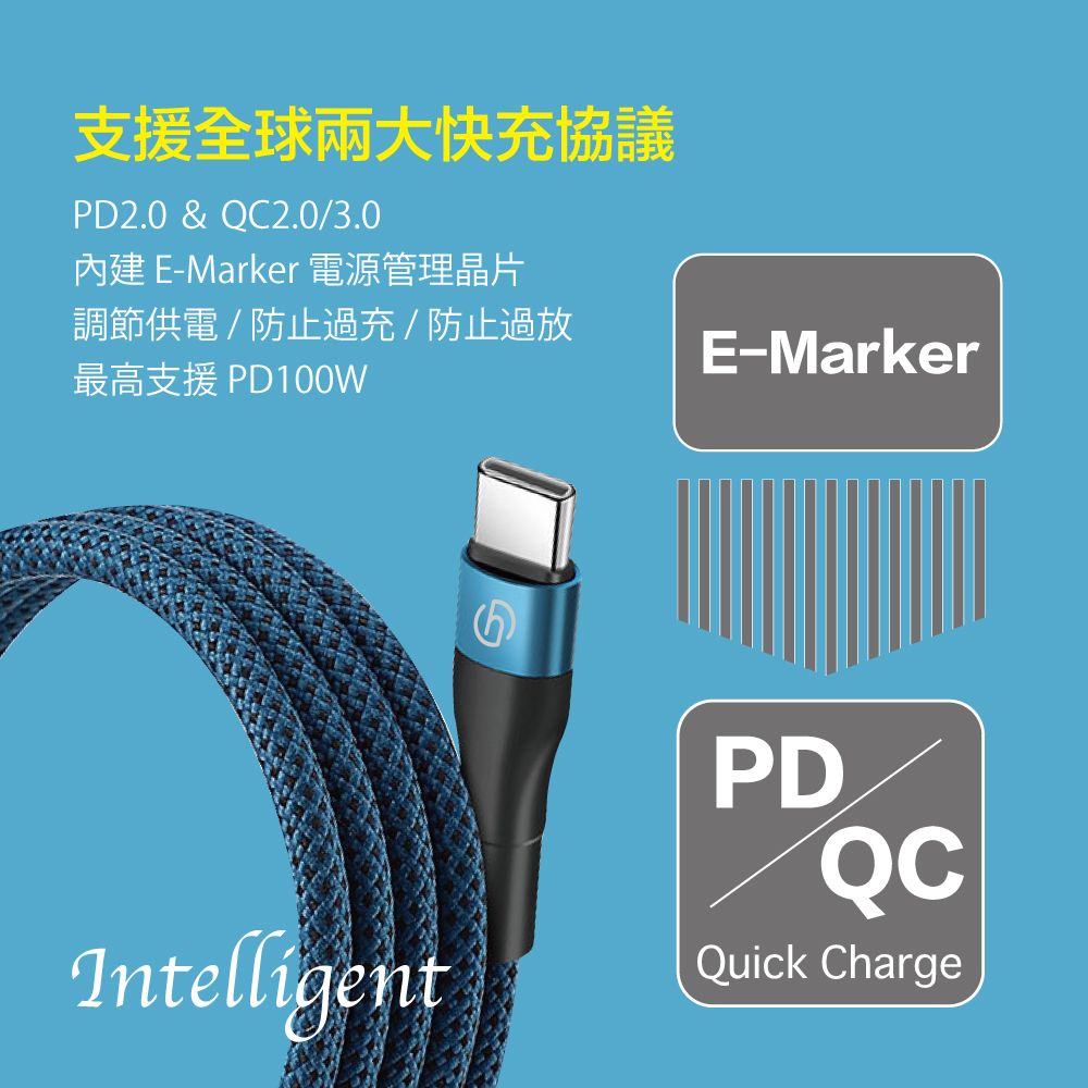 支援全球兩大快充協議PD2.0 & 2.0/3.0內建 E-Marker 電源管理晶片調節供電/防止過充/防止過放最高支援 PD100WE-MarkerIntelligentPDQCQuick Charge