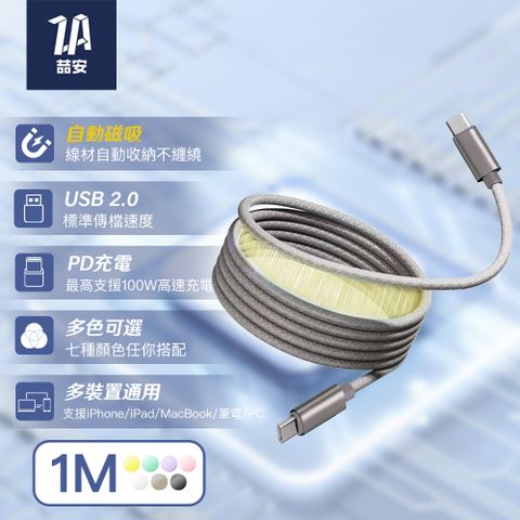 ZA 喆安 1M USB Type-C to Type-C PD磁吸編織快速充電傳輸線 適用iPhone/MacBook/手機/平板