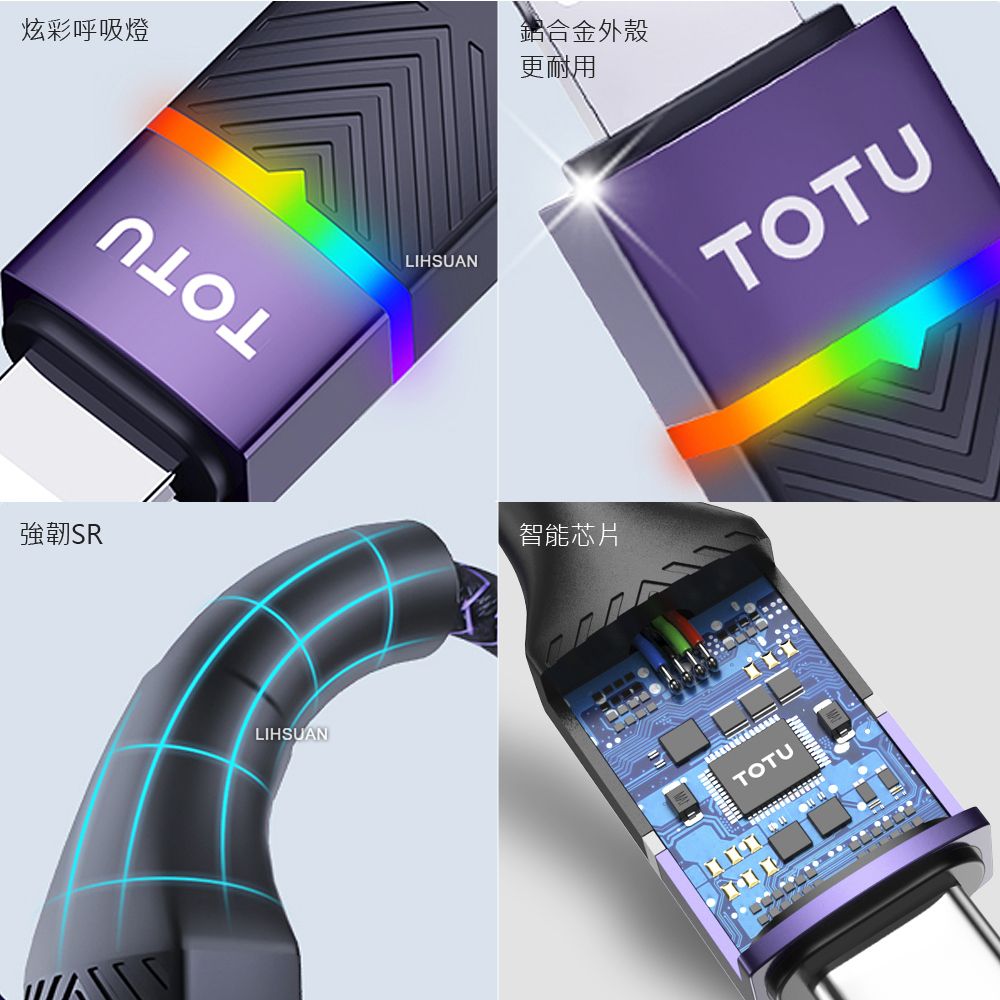 TOTU 雙Type-C/PD充電線傳輸線閃充線編織快充線 LED 征程系列 1.5M 拓途 黑色