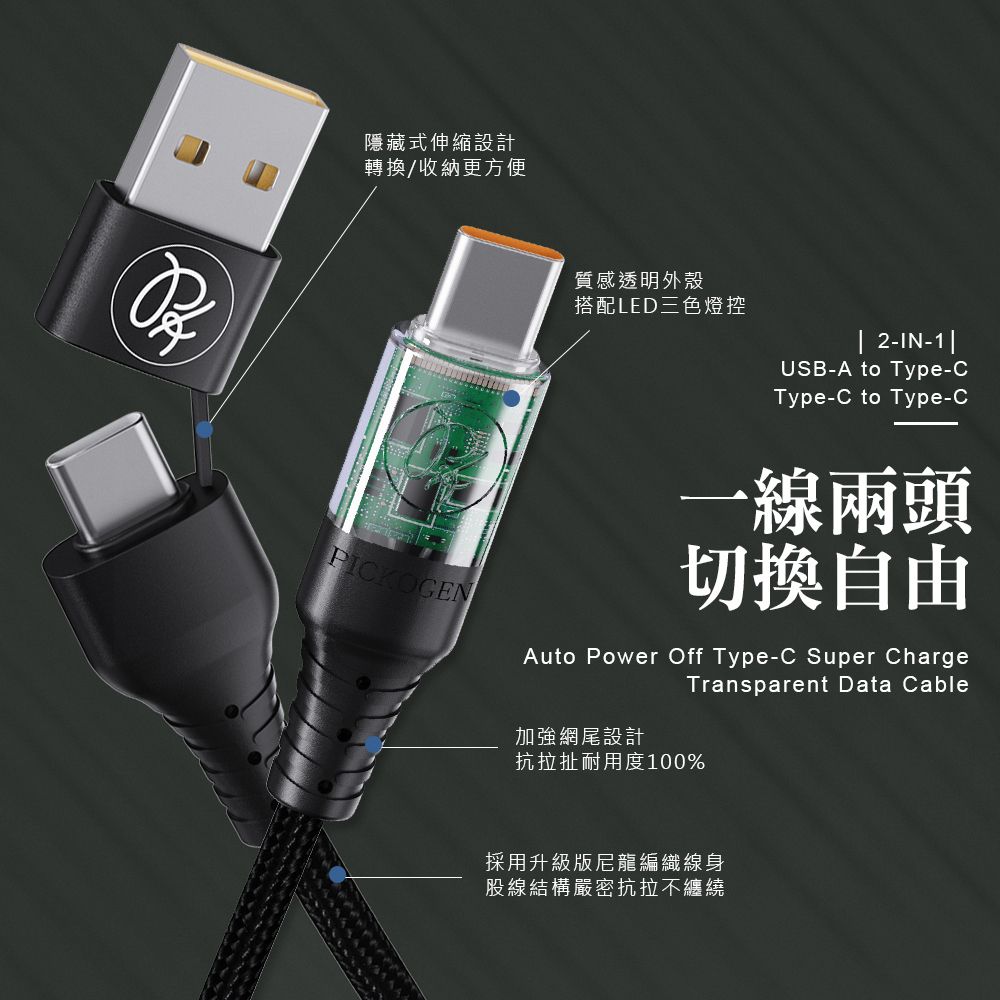 PICKOGEN 【 皮克全】二合一 USB-C/USB-A TO Type-C PD 充電線傳輸線快充線編織線 閃速 1.8M 黑色