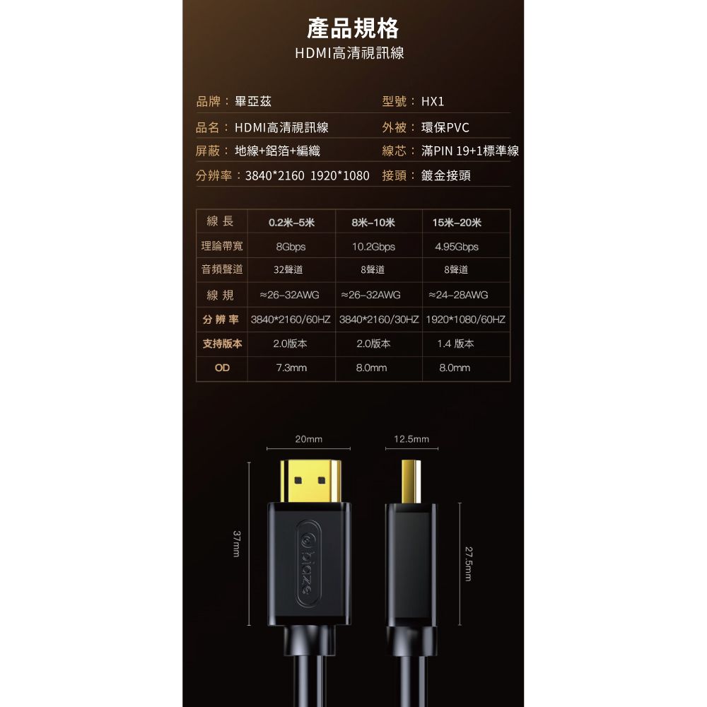 產品規格HDMI高清視訊線品牌:畢亞茲品名:HDMI高清視訊線型號:HX1外被:環保PVC屏蔽:地線+鋁箔+編織線芯: 滿PIN 19+1標準線分辨率:3840*2160 1920*1080接頭:鍍金接頭線長0.2米米8米-10米15米-20米理論帶寬8Gbps10.2Gbps4.95Gbps音頻聲道32聲道8聲道8聲道線規 ≈26-32AWG≈26-32AWG≈24-28AWG分辨率 3840*2160/60HZ 3840*2160/30HZ 1920*1080/60HZ支持版本2.0版本2.0版本1.4 版本OD7.3mm8.0mm8.0mm20mm12.5mm37mm27.5mm