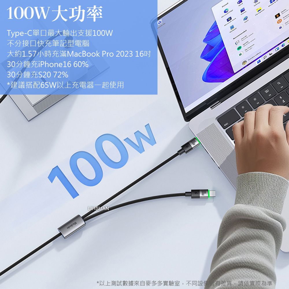 Mcdodo 麥多多 一分二 Type-C TO Type-C PD充電傳輸快充線 100W LED 滿分 1.5M