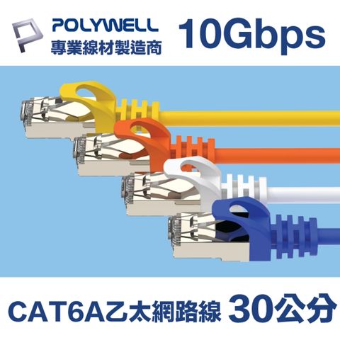POLYWELL CAT6A 10Gbps 高速乙太網路線 30公分 適合2.5G/5G/10G網卡, 網路交換器, NAS伺服器