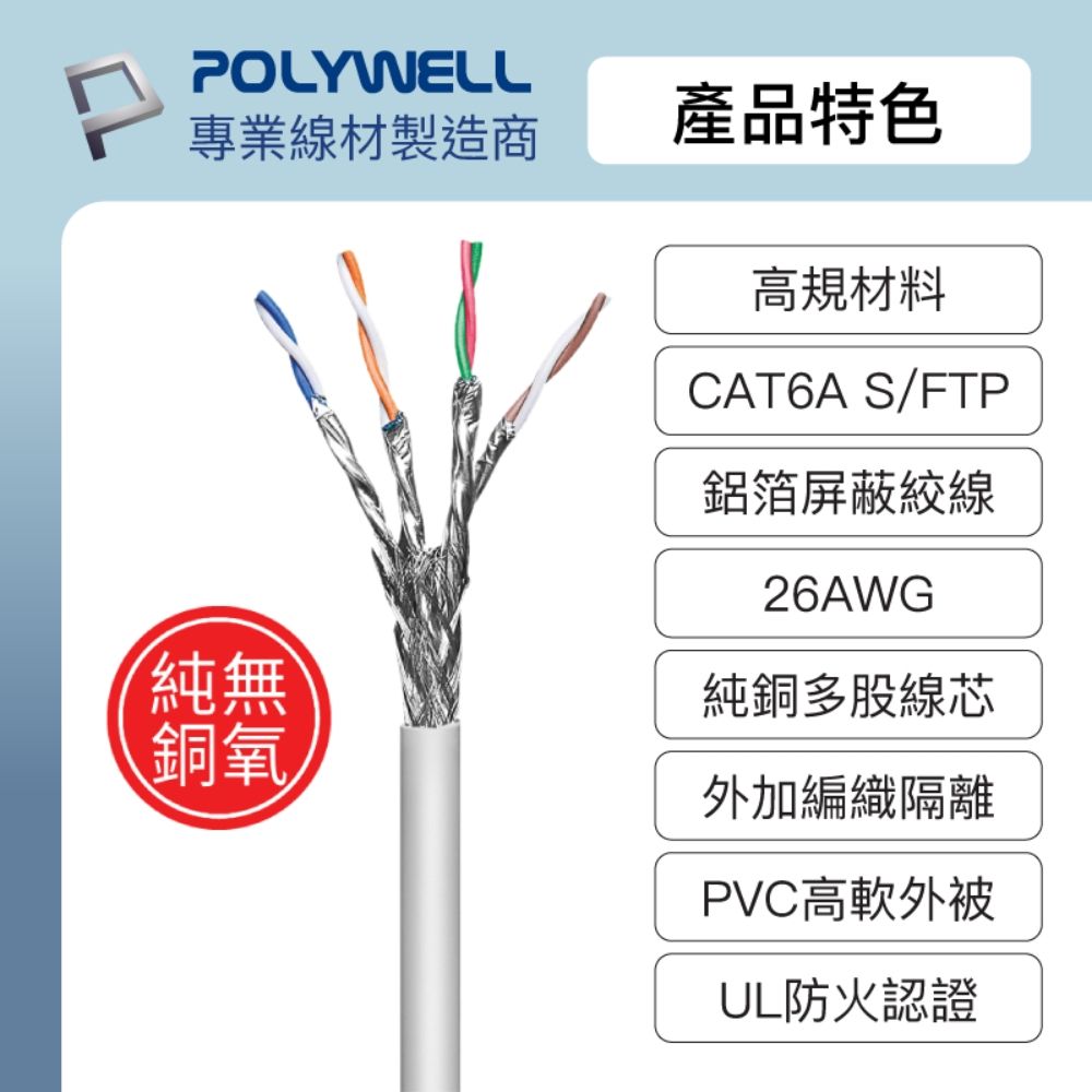 POLYWELL 寶利威爾 CAT6A 高速乙太網路線 S/FTP 10Gbps/ 30公分