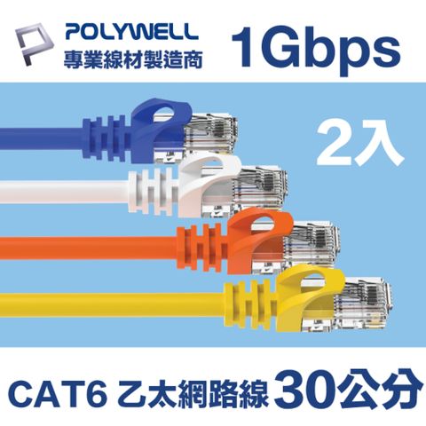 POLYWELL CAT6 Gigabit 網路線 30公分 (2入) 支援1000M Base-T 適合ADSL/MOD/Giga網路交換器 無線路由器