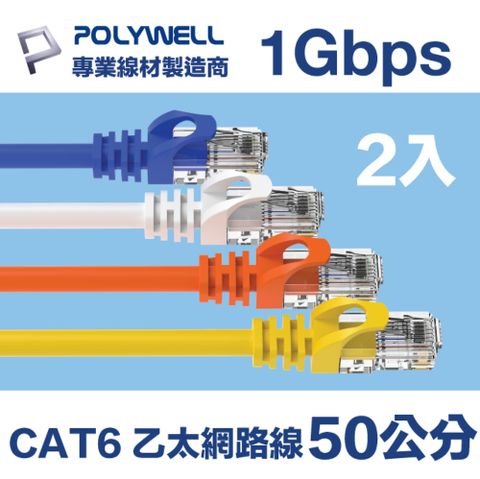 POLYWELL CAT6 Gigabit 網路線 50公分 (2入) 支援1000M Base-T 適合ADSL/MOD/Giga網路交換器 無線路由器