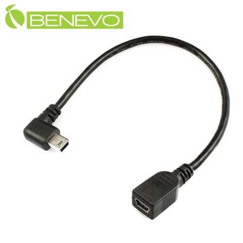 BENEVO左彎型 25cm USB2.0 MiniUSB(5pin) 公對母延長線 (BUSB0025MBMFL)