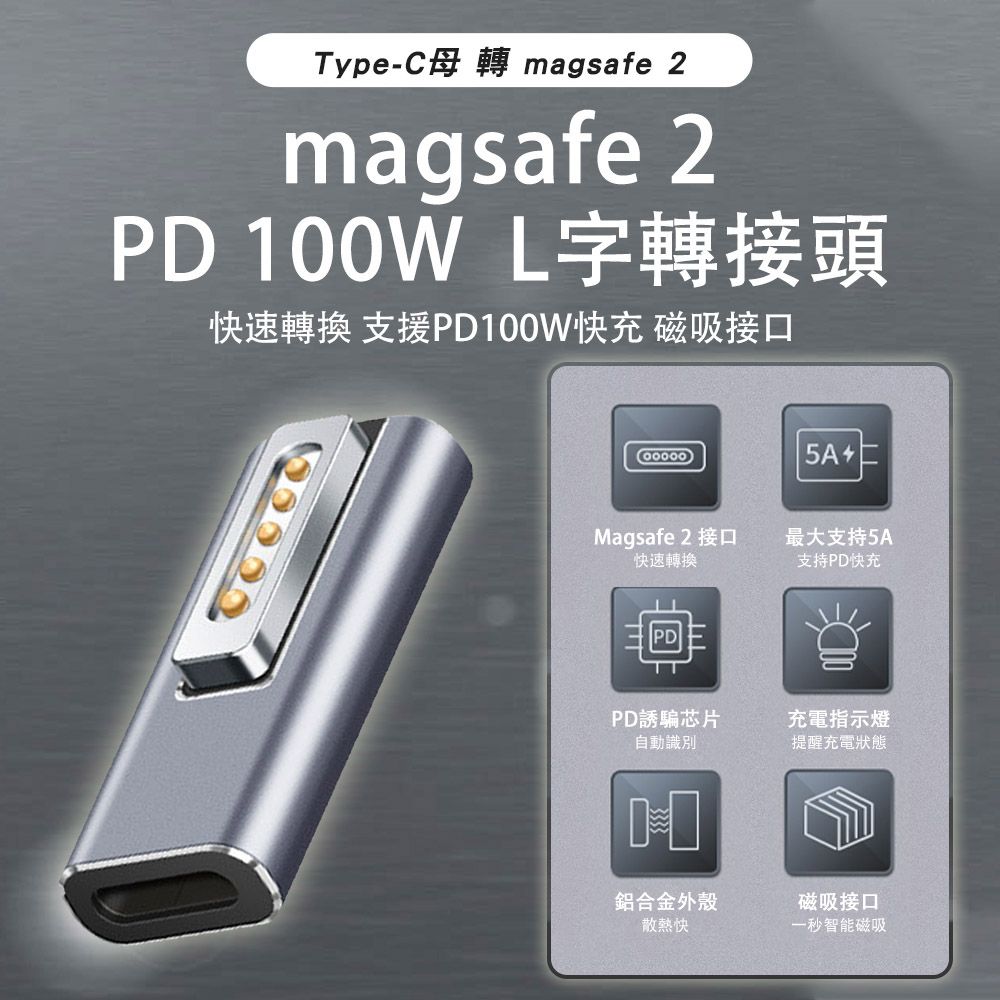 SHOWHAN Type-C母 轉 蘋果magsafe 2 鋁合金100W L頭 轉接頭