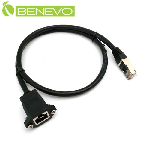 BENEVO可鎖型 50cm Cat6遮蔽/十字隔離 RJ45接頭延長線(公對母，母頭 帶螺絲孔)