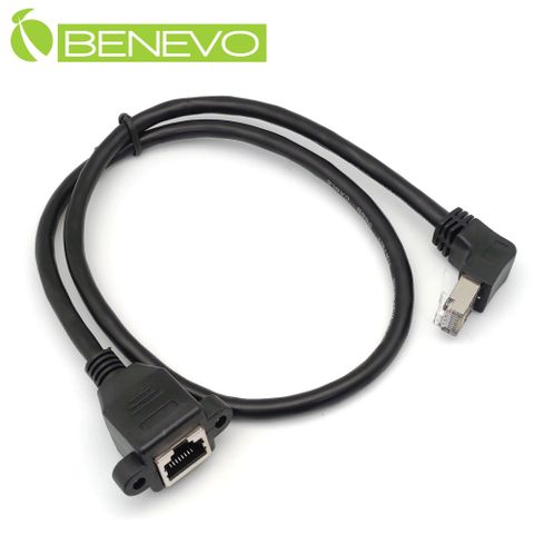 Benevo 可鎖上彎型 60cm Cat6遮蔽/十字隔離 RJ45接頭延長線(公對母母頭帶螺絲孔) (BCAT60060MUF可鎖)