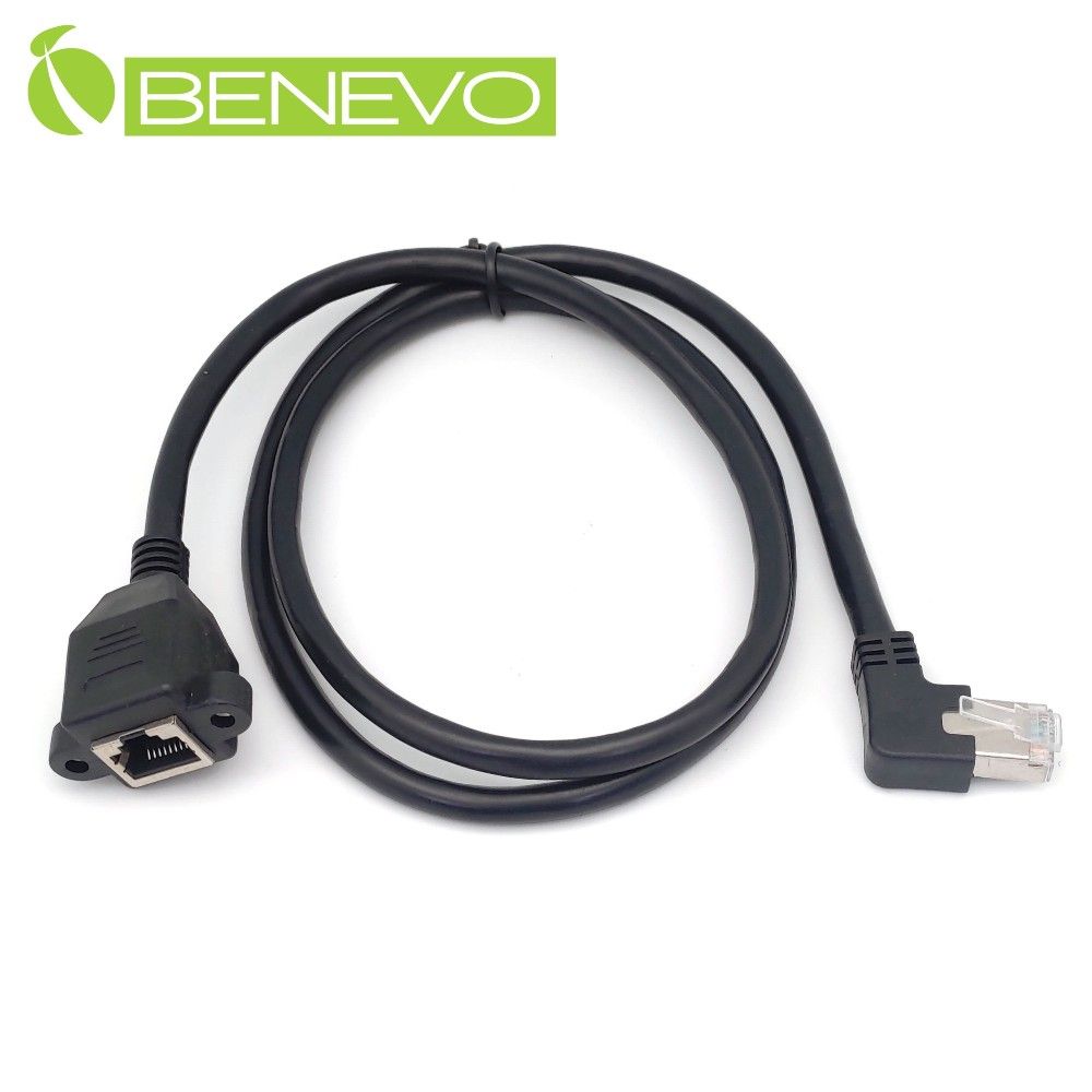 Benevo 可鎖左彎型 1米 Cat6遮蔽/十字隔離 RJ45接頭延長線(公對母母頭帶螺絲孔) (BCAT60100MLF可鎖)