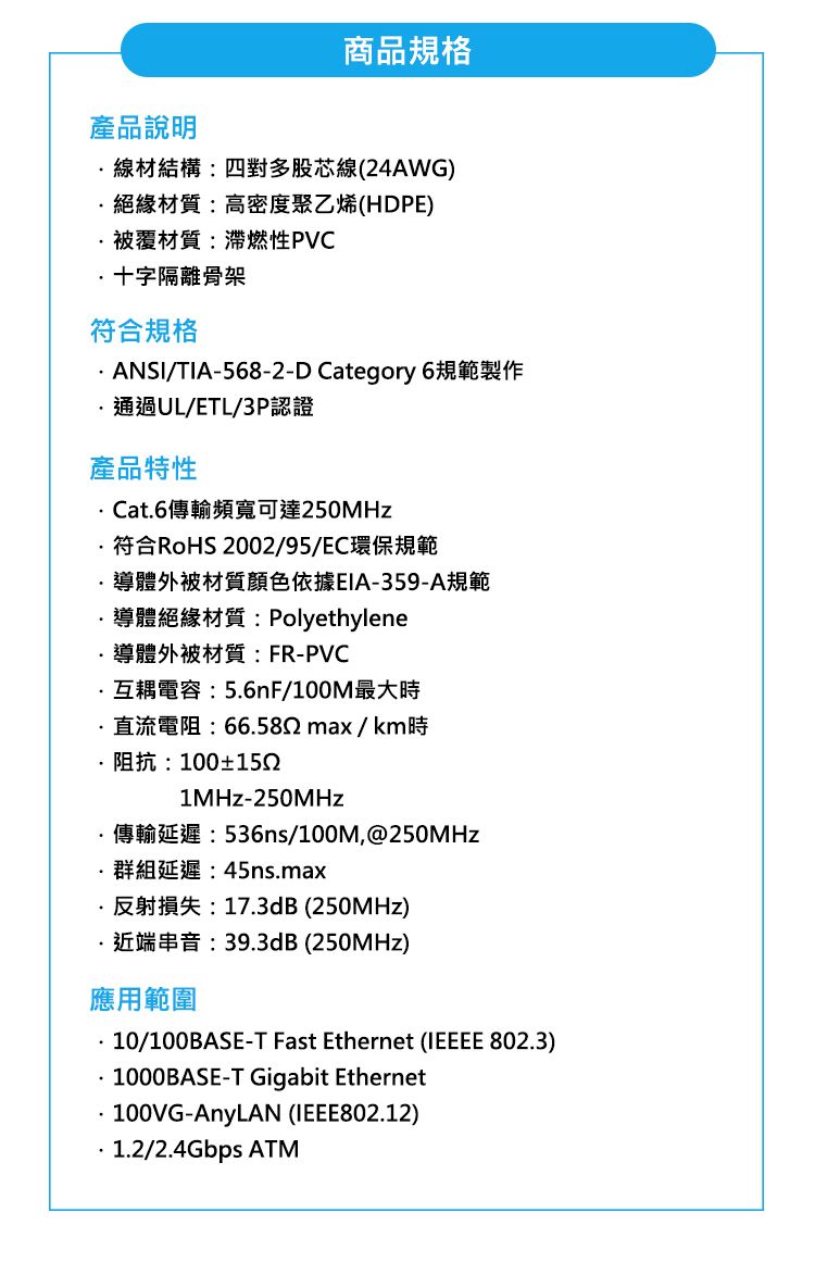 產品說明商品規格線材結構:四對多股芯線(24AWG)絕緣材質:高密度聚乙烯(HDPE)被覆材質:性PVC十字隔離骨架符合規格ANSI/TIA-568-2-D Category 6規範製作通過UL/ETL/3P認證產品特性Cat6傳輸頻寬可達符合RoHS 2002/95/EC環保規範導體外被材質顏色依據EIA-359-A規範導體絕緣材質:Polyethylene導體外被材質:FR-PVC互耦電容:56nF/100M最大時直流電阻:66582max/km時阻抗:100±1521MHz-傳輸延遲:536ns/100M,@250MHz群組延遲:45nsmax反射損失:17.3dB (250MHz).近端串音:39.3dB (250MHz)應用範圍...10/100BASE-T Fast Ethernet (IEEEE 802.3)1000BASE-T Gigabit Ethernet100VG-AnyLAN (IEEE802.12)1.2/2.4Gbps ATM