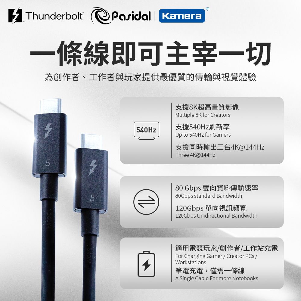 Pasidal Thunderbolt 5 Cable 0.8M Passive Type-C 傳輸線 8K/120Gbps/240W/PD3.1/雷電5