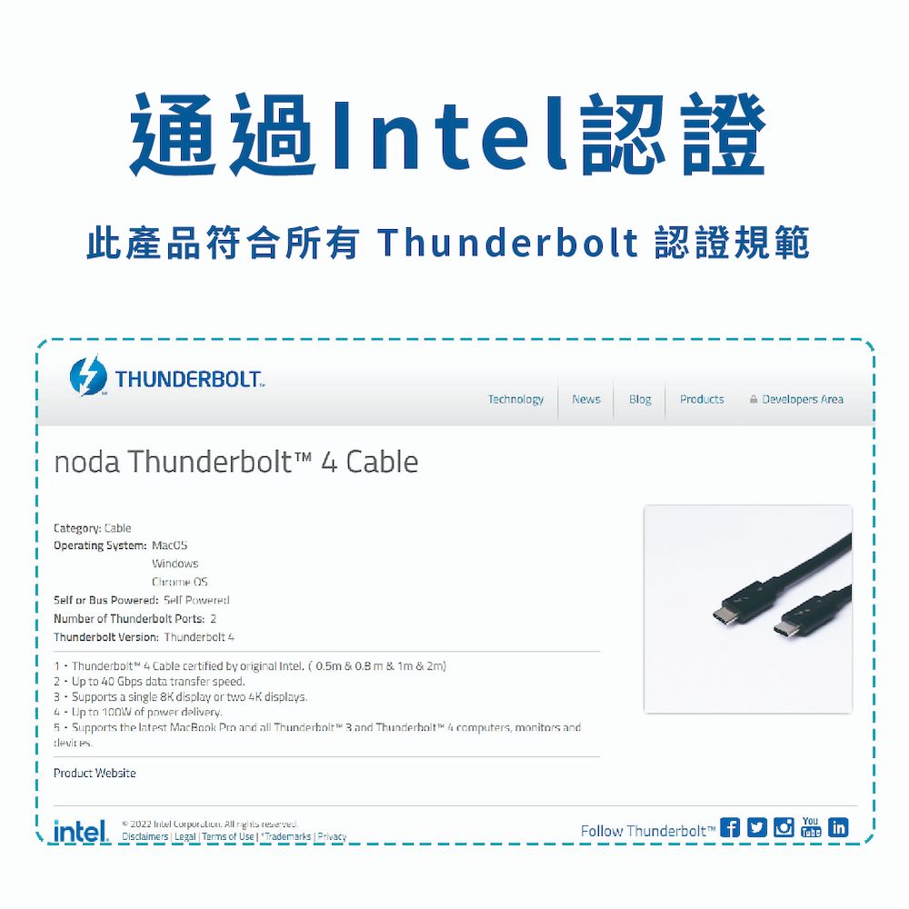 通過認證此產品符合所有 Thunderbolt 認證規範THUNDERBOLTnoda Thunderbolt  CableTechnologyNews Blog ProductsDevelopers AreaCategory: CableOperating Syste: Windows  or Bus Powered: Self PoweredNumber of Thunderbolt Ports: 2Thunderbolt Version: Thunderbolt 1 Thunderbolt 4 Cable certified by original Intel (05m   m & 1m & 2m)  to 40 Gbps data transfer speed Supports a single 8K display or two 4K displays Up to 100W of power delivery Supports the latest MacBook Pro and all Thunderbolt  and Thunderbolt 4 computers, monitors andProduct Websiteintel2022 Intel  All  .Disclaimers Legal Terms of Use  Trademarks PrivacyFollow ThunderboltTube