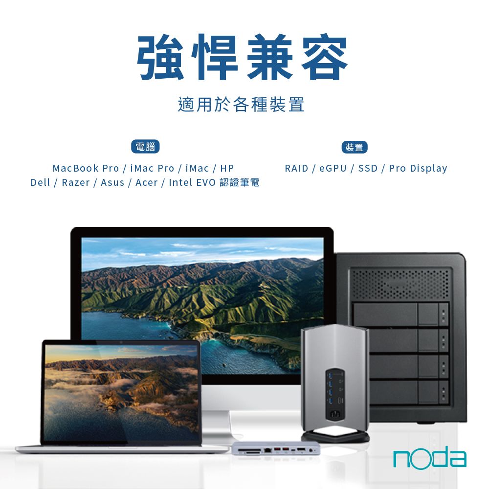 強悍兼容適用於各種裝置電腦MacBook Pro / iMac Pro/iMac / HPDell / Razer / Asus / Acer/Intel EVO 認證筆電裝置RAID /  /  / Pro Displaynoda