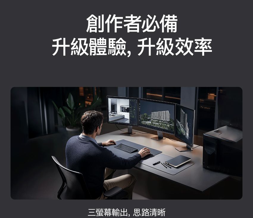 創作者必備升級體驗,升級效率三螢幕輸出,思路清晰