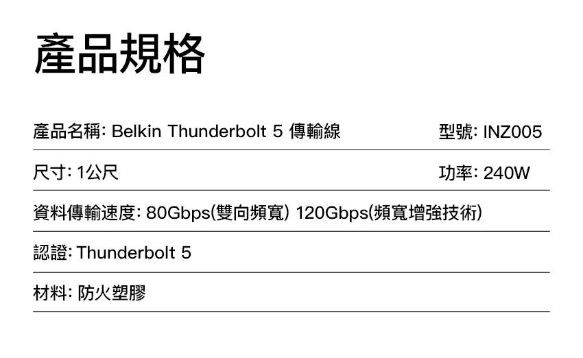 產品規格產品名稱:Belkin Thunderbolt 5 傳輸線型號: INZ005尺寸:1公尺功率:240W資料傳輸速度:80Gbps(雙向頻寬) 120Gbps(頻寬增強技術)認證: Thunderbolt 5材料:防火塑膠