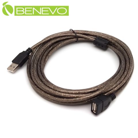 BENEVO專業級 5米 USB2.0 A公-A母 高隔離延長線，採128編金屬編織與磁環 (BUSB0501AMF)