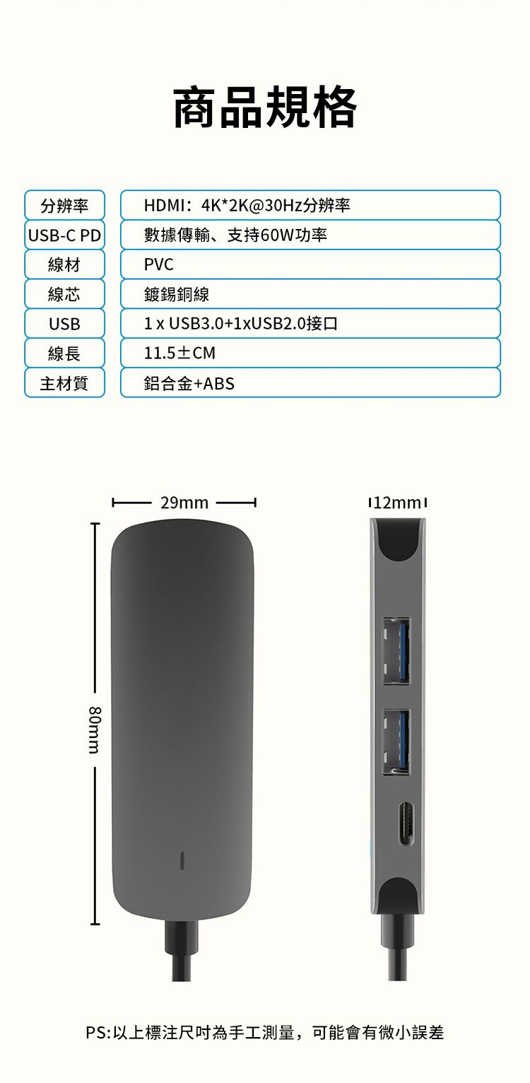 商品規格分辨率HDMI:4K*2K@30Hz分辨率USB-C PD數據傳輸、支持60W功率線材PVC線芯鍍錫銅線USB USB3.0+1xUSB2.0接口線長11.5±CM主材質鋁合金+ABS80mm29mmPS:以上尺吋為手工測量,可能會有微小誤差