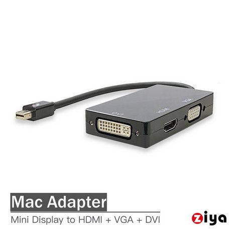 【多功能轉接投影】[ZIYA] Mac 視訊轉接線 MiniDisplayPort 轉VGA HDMI DVI 多功能款 黑色