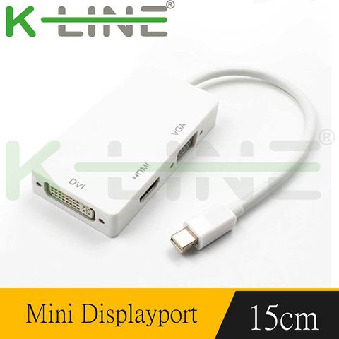 支援4K高畫質輸出K-Line 三合一視頻轉接線Mini DP to HDMI VGA DVI (橫式/白)