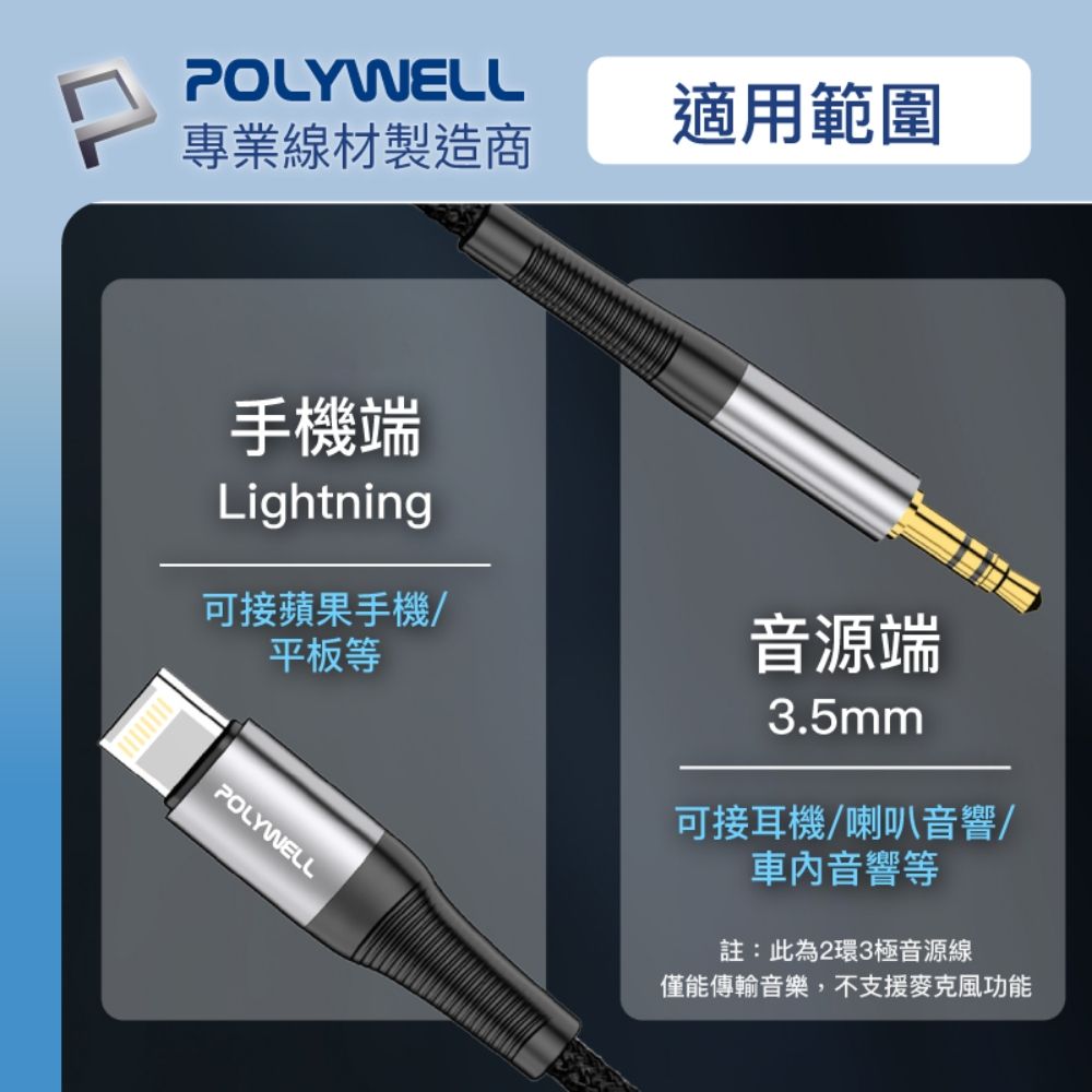 POLYWELL 寶利威爾 3.5mm AUX音源線轉Lightning /1M