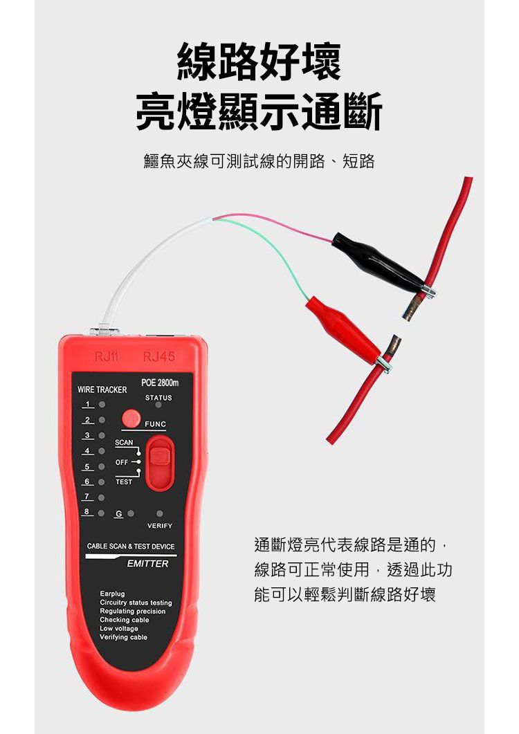 線路好壞亮燈顯示通斷鱷魚夾線可測試線的開路、短路RJ45POE 2800mWIRE TRACKERSTATUS10FUNCSCAN40OFF-56TEST GVERIFYCABLE SCAN & TEST DEVICEEMITTEREarplugCircuitry status testingRegulating precisionChecking cableLow voltageVerifying cable通斷燈亮代表線路是通的,線路可正常使用,透過此功能可以輕鬆判斷線路好壞