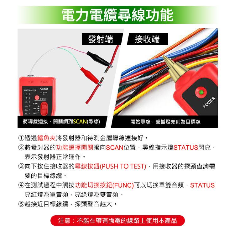 TRACKERTESTRJ452800mSTATUSFUNC電力電纜尋線功能發射端接收端POWER將導線連接開關調到SCAN(尋線)開始尋線聲響燈亮則為目標線透過鱷魚夾將發射器和待測金屬導線連接好。②將發射器的功能選擇開關撥向SCAN位置尋線指示燈STATUS閃亮表示發射器正常運作。③向下按住接收器的尋線(PUSH TO TEST)用接收器的探頭查詢需要的目標線纜。④在測試過程中觸按功能切換按鈕(FUNC)可以切換單雙音頻,STATUS亮紅燈為單音頻,亮綠燈為雙音頻。越接近目標線纜,探頭聲音越大。注意:不能在帶有強電的線路上使用本產品