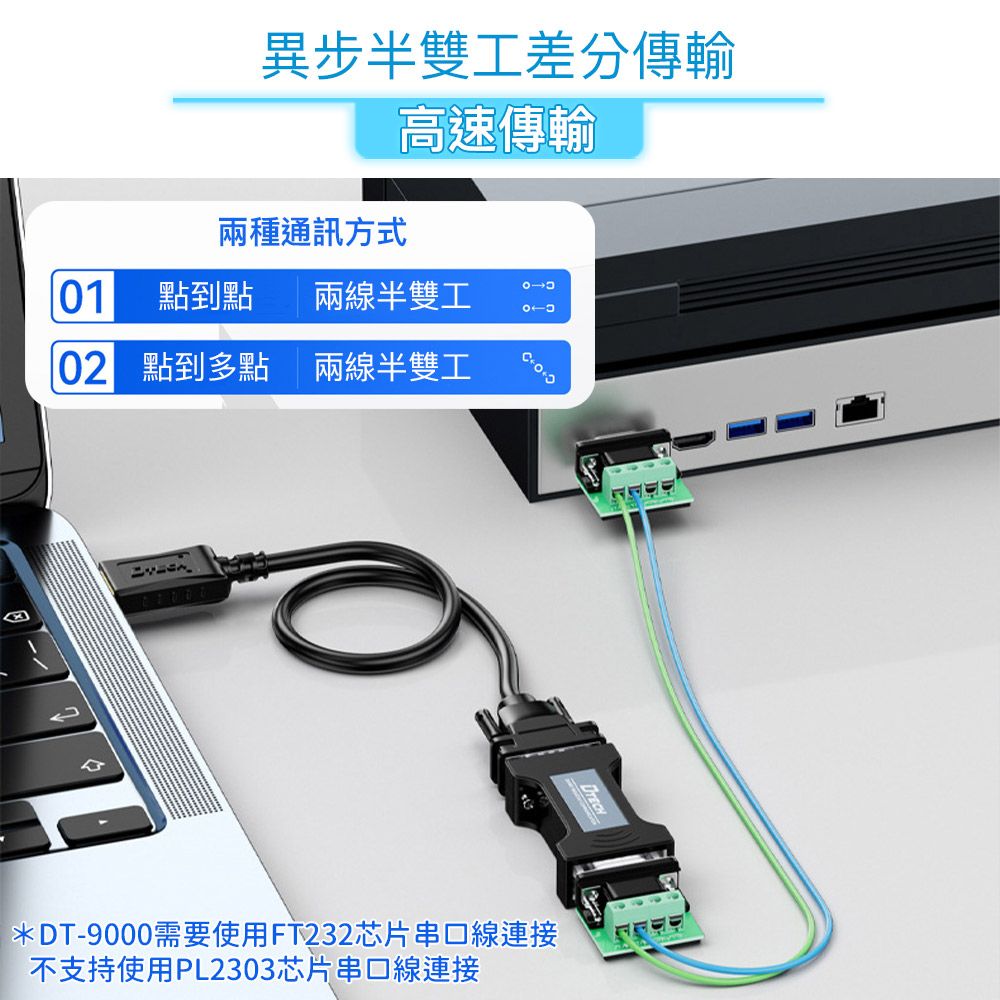 異步半雙工差分傳輸高速傳輸兩種通訊方式01 點到點兩線半雙工02 點到多點兩線半雙工*DT-9000需要使用FT232芯片串口線連接不支持使用PL2303芯片串口線連接