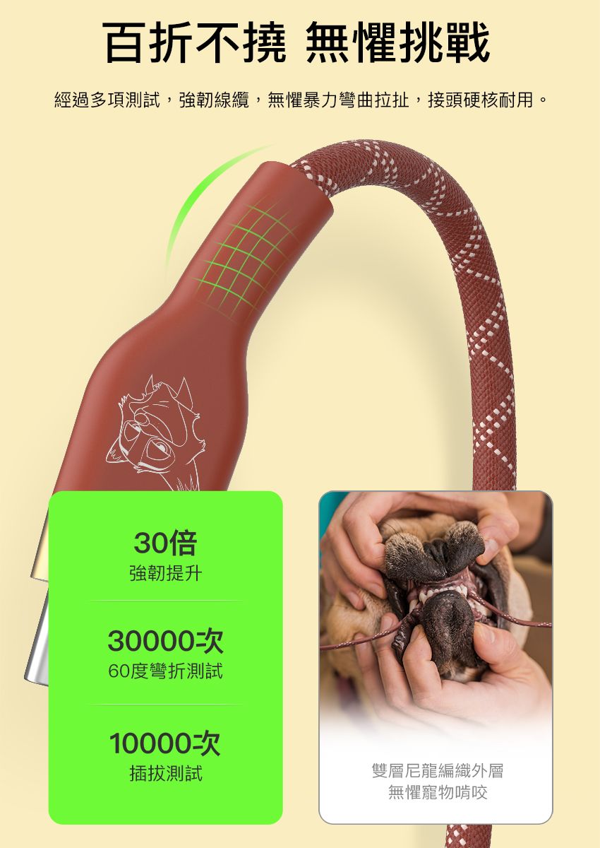 百折不撓 無懼挑戰經過多項測試,強韌線纜,無懼暴力彎曲拉扯,接頭硬核耐用。30倍強韌提升30000次60度彎折測試10000次插拔測試雙層尼龍編織外層無懼寵物啃咬