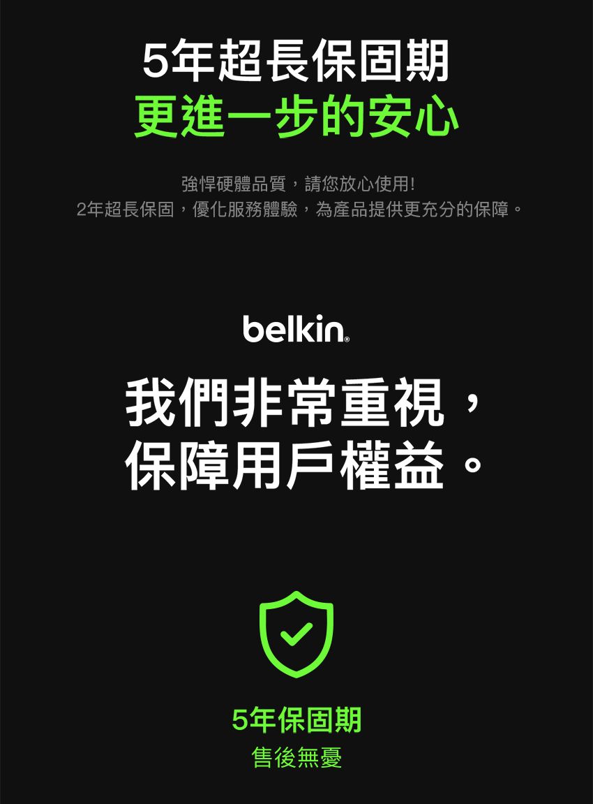 5年超長保固期更進一步的安心強悍硬體品質,請您放心使用!2年超長保固,優化服務體驗,為產品提供更充分的保障。belkin我們非常重視,保障用戶權益。5年保固期售後無憂