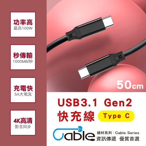 Cable 凱堡 USB3.1 Gen2 C-C 4K影音100W快充線 50公分(ITCG-050)