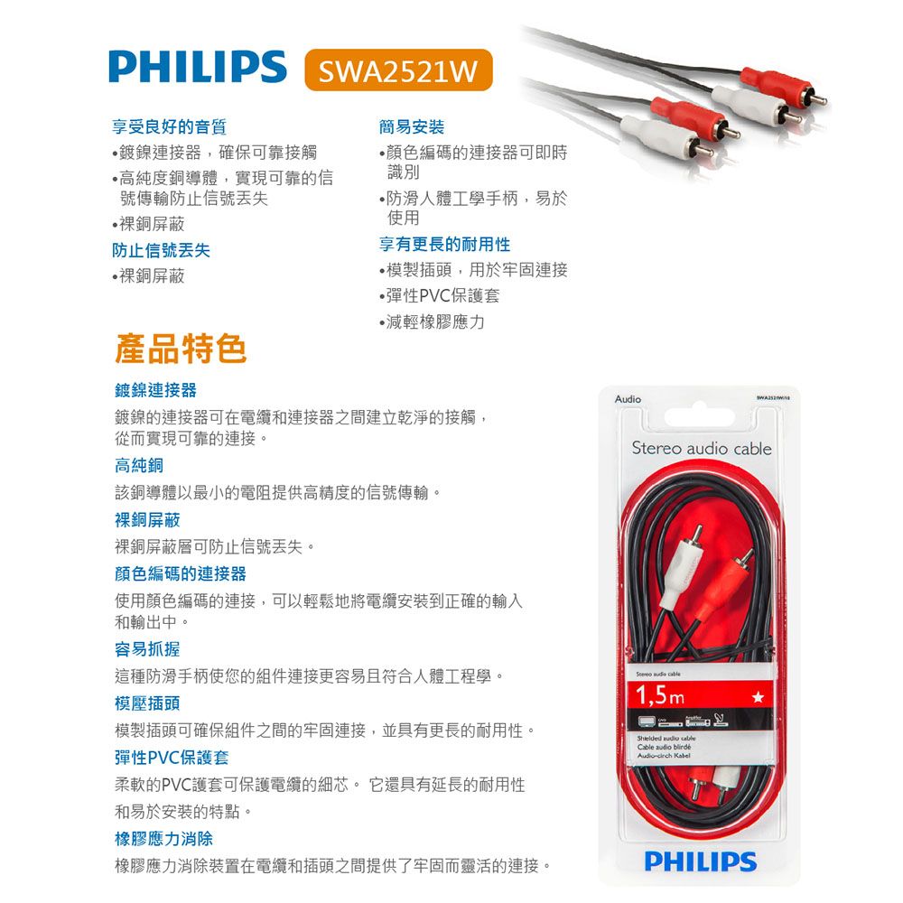 PHILIPS 飛利浦 (2入) 1.5m 2RCA/2RCA立體音源線(紅白)-兩入組 SWA2521W/10-2